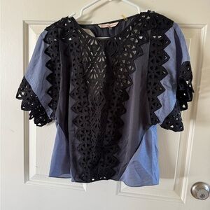 Rebecca Taylor Blue Asymmetrical Blouse with Bib Collar